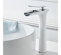 Waterfall Bathroom Sink Mixer Tap - White & Chrome Single Hole Faucet for High Bathroom Sinks, Stylish Modern Design, Easy Installation, Durable & Leak-Proof
