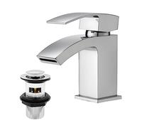 Waterfall Bathroom Sink Taps with Drain, BATHWEST Chrome Square Basin Taps with Pop Up Waste, Monobloc Brass Bathroom Taps with Sink Plug 322N