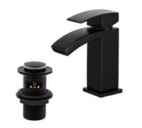 Waterfall Bathroom Sink Taps with Drain, BATHWEST Matte Black Square Basin Taps with Pop Up Waste, Monobloc Brass Bathroom Taps with Sink Plug 322MB