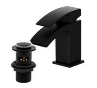 Waterfall Bathroom Sink Taps with Drain, BATHWEST Matte Black Square Basin Taps with Pop Up Waste, Monobloc Brass Bathroom Taps with Sink Plug 322NB