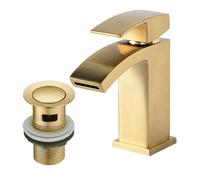 Waterfall Bathroom Sink Taps with Drain, BATHWEST Square Basin Taps with Pop Up Waste, Monobloc Brass Bathroom Taps with Sink Plug 322WP (Gold, Large)