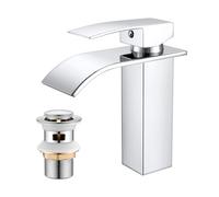 Waterfall Bathroom Taps with Pop Up Waste, Square Sink Mixer Tap Chrome | Single Lever Mono Basin Mixer Tap, Slotted Waste for Overflow Basin, Stainless Steel, UK G1/2 Hoses
