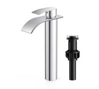 Waterfall Bathroom Vessel Sink Faucets with Pop up Drain and Lead-Free cUPC Hose, Chrome Single Handle Tall Bathroom Faucet 1 Hole, 11 Inch for Bath, Vessel