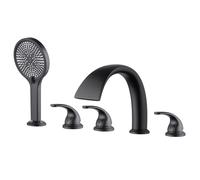 Waterfall Bathtub Faucet Deck Mount, 5 Hole Bathtub Faucet with Hand Shower, 3 Handle Roman Tub Filler with Sprayer, 180° Swivel Spout, High Flow,Brushed Gold LWX