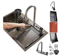 Waterfall, Black Stainless Steel Kitchen Single Bowl Workstation Top-Mount Nano Coating Bar Prep with Pull-Out Faucet, Glass Washer, Drain Basket(Black#A01,70x50cm)