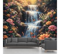 Waterfall Butterfly Flower Large Mural Self Adhesive Wallpaper 256x350 cm, Forest Plants Sunlight Wallpaper, Jungle Nature Wall Stickers Vinyl for Living Room, Kitchen Wall Art