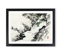 Waterfall By Kono Bairei Asian Japanese Framed Print | A4 Black Framed Wall Art | Ready to Hang | Asian Landscape Picture | Living Room Bedroom Lounge Office