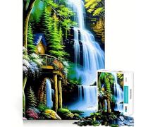 Waterfall Cabin Landscape Adults Puzzles 1000 Piece Jigsaws Recall Skill Fun High Precision Die Cut Easy to Learn Family Enjoyment (38x26cm)