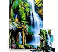 Waterfall Cabin Landscape Jigsaw for Teenagers 1000 Pieces Mental Improve Play Uniform Size Precise Pieces Family Fun Night Activity (50x75cm)