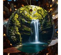 Waterfall Ceramic Christmas Ornaments - 4 Pcs Rustic Round Xma Tree Decor with Hanging String, Personalized Vintage Double-Sided Holiday Party Decorations for Xmas Gifts