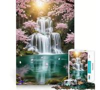 Waterfall Cherry Blossom Jigsaw Puzzles 1000 Mental Focus Game Precision Cut Smooth Edges Meaningful Connection Building Game (38x52cm)
