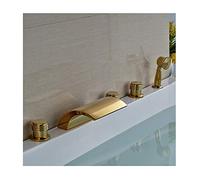 Waterfall Contemporary Bathtub Faucet with Hot and Cold Water Widespread Deck Mounted Three Handles Five Holes Bath Shower Mixer Taps with Handheld ShowerGold,Gold E
