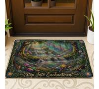 Waterfall Door Mat, Fantasy Nature Tree Flowers Spring Green Washable Low Profile Decorative Doormat for House Office Outside Inside Entrance Decor 29x17 Inch