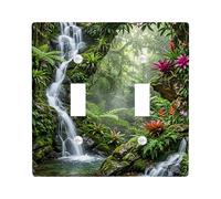 Waterfall Double Light Switch Cover Plate, Nature Tropical Flowers Foliage Spring Green Plastic Standard Size Wall Switch Plates Accents for Living Room Bedroom Home Office Decor