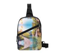 Waterfall Flowing Scenery Foldable Sport Sling Bag,Lightweight Crossbody Chest Pack with Multiple Pockets,Water-Resistant Polyester Fabric,Compact Travel Daypack