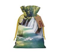 Waterfall Flowing Scenery Printed Christmas Drawstring Bags Reusable Xmas Bag for Party Xmas Gift Wrapping, Yellow Ribbon, S