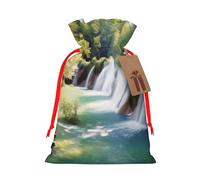 Waterfall Flowing Scenery Printed Christmas Drawstring Bags Reusable Xmas Bag for Party Xmas Gift Wrapping, Red Ribbon, S