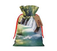 Waterfall Flowing Scenery Printed Christmas Drawstring Bags Reusable Xmas Bag for Party Xmas Gift Wrapping, Red Ribbon, M