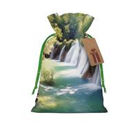 Waterfall Flowing Scenery Printed Christmas Drawstring Bags Reusable Xmas Bag for Party Xmas Gift Wrapping, Green Ribbon, S