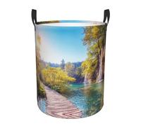 Waterfall Flowing Scenery Round Single-Layer Laundry Hamper With Full Wrap Print, Water-Resistant Polyester Fabric For Home Car Storage
