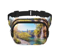 Waterfall Flowing Scenery Square Double-Layer Waist Bag with All-Over Print,Durable Twill Fabric, Multi-Pocket Fanny Pack for Outdoor Sports Travel