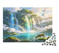Waterfall Forest Deer 1000 Piece Jigsaw Puzzle Paper for Adults Rainbow Lake Nature Scenery Relaxing Focus Family Activity Gift Home Decoration 70x50cm/1000pcs