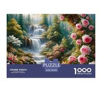 Waterfall Garden 1000 Pieces Puzzle for Adults Kids - Forest Waterfall Framed by Pink Roses Fun And Challenging Family Game Educational Game Challenge70x50cm/1000pcs