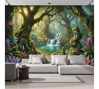 Waterfall Glowing Mushrooms Photo Wallpaper Panoramic, Fantasy Fairy Tale Rainforest Wall Mural Poster Effect - Silk Wallpaper For Living Room Bedroom Office Tv Background Decoration, 150 × 105 Cm