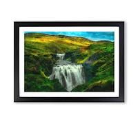 Waterfall in Iceland Painting Framed Print | A2 Black Framed Wall Art | Ready to Hang | Modern Landscape Picture | Living Room Bedroom Lounge Office