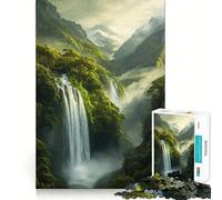 Waterfall in Lush Valley Adults 1000 Pieces Puzzle Mind Training Fun Burr Free Clean Cut Pieces Heartwarming Gathering Activity (50x75cm)