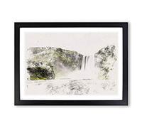 Waterfall in Selfoss Iceland Watercolour Framed Print | A2 Black Framed Wall Art | Ready to Hang | Modern Landscape Picture | Living Room Bedroom Lounge Office