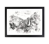 Waterfall In Yosemite Watercolour Modern Framed Print | A4 Black Framed Wall Art | Ready to Hang | Modern Landscape Picture | Living Room Bedroom Lounge Office