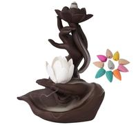 Waterfall Incense Burner, Lotus Ceramic Backflow Incense Holder, Aromatherapy Ornament with 10 Backflow Incense Cones and 30 Incense Sticks for Relaxation, Yoga and Meditation