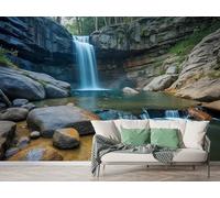 Waterfall Jungle Wall Mural, Self-Adhesive Peel & Stick Wallpaper, Forest Landscape Design Photo Wallpaper for Living Room & Bedroom (450x315 cm), M-876