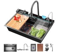 Waterfall Kitchen Sink, 80 x 50 cm, 1 Basin, Stainless Steel Sink, Black, Gun Grey with Nano Coating Rink, Temperature Display, Cup Washer, Overflow, Siphon & Drain Fitting, Modern Sink Set