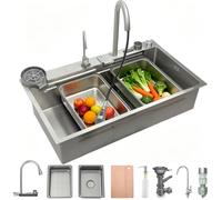 Waterfall Kitchen Sink, 90 x 50 cm, Brushed 304 Stainless Steel, Sink Kitchen Sink with Digital Display Screen, Kitchen Sink with Drain Basket, Drain Basin, Chopping Board, Siphon, Drain Component