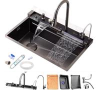 Waterfall Kitchen Sink Black with Piano Buttons LED Digital Display Nano Multifunctional Workstation Flying Water Radiance Includes Water Filter and Waste kit