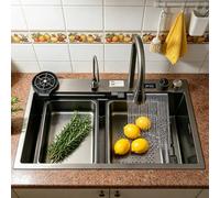 Waterfall Kitchen Sink, Single Basin, 65 x 50 cm, Stainless Steel with Piano Buttons, Waterfall Tap & Temperature Display, Includes Glass Rinse, Soap Dispenser, Draining Rack, Chopping Board & Table