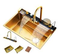 Waterfall Kitchen Sink Stainless Drop in Kitchen Sink Single Bowl Workstation Push-Button Controls Digital Display Multi-Function Pull-Out Faucet Multiple Accessories(Gold,80 * 46 * 22cm)
