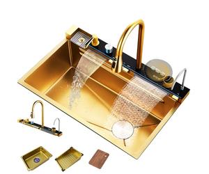 Waterfall Kitchen Sink Stainless Drop in Kitchen Sink Single Bowl Workstation Push-Button Controls Digital Display Multi-Function Pull-Out Faucet Multiple Accessories(Gold,80 * 46 * 22cm)