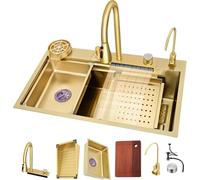 Waterfall Kitchen Sink Stainless Steel Farmhouse Single Bowl Utility Sinks For A Laundry Room, Countertop Sink With Glass Cup Bottle Washer, Drop-in Or Undermount(Size:68 * 45 * 22cm,Color:Glod)