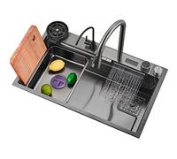Waterfall Kitchen Sink, Stainless Steel Single Bowl Kitchen Sink, Drop in Kitchen Sink with Faucet Combo Topmount Workstation Sink with Accessories and Temperature Display (Color : Black Steel Color