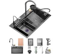 Waterfall Kitchen Sink Stainless Steel Top Mount Sink Black Nano Single Bowl Sink Multifunctional Workstation Sink with Pull-Out Faucet, Glass Cup Washer, Drain Basin, Drainage Assembly(70x50x22cm)