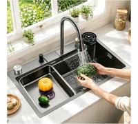 Waterfall Kitchen Sink Stainless Steel Top Mount Sink Black Nano Single Bowl Sink Multifunctional Workstation Sink with Pull-Out Faucet, Glass Cup Washer, Drain Basin, Drainage Assembly(68x45x22cm)