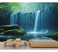 Waterfall Landscape Mural Blue Waterfall Wallpaper Murals Dark Forest Tree Wallpaper Moss Rocks Green Plants Blue Water Bedroom for Office Living Room Bedroom TV Background Mural 400X280cm
