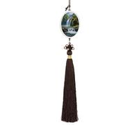 Waterfall Landscape Painting Car Pendant Sun Catcher Crystal Ornament for Rearview Mirror, Elegant Car Hanging Ornament with Tassel for Home & Office Decor
