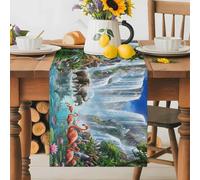Waterfall Landscape Table Runner 13x70 Inches Long Tropical Forest Elephants Birds Giraffe Lotus Cotton Linen Table Runner Burlap Style for Dinner Table Party Decor Tabletop Decorations