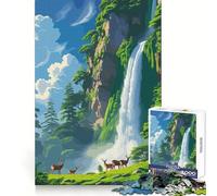 Waterfall Landscape with Deer 1000 Piece Jigsaw Puzzles Clear Thinking Soft Distraction Precise Edges Meaningful Gift (38x52cm)