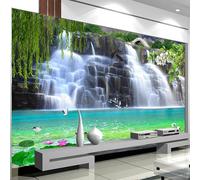 Waterfall Lotus Lake Flying Birds Green Leaves Modern 3D Wallpaper Premium Textured Silk Neutral Tones Material Ideal for Living Room Bedroom-250cm×170cm