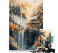 Waterfall Mountain Temple 1000-piece Jigsaw Puzzles Brain Focus Game Expert Cutting Craftsmanship Fascinating Hobby for Idle Moments (50x75cm)